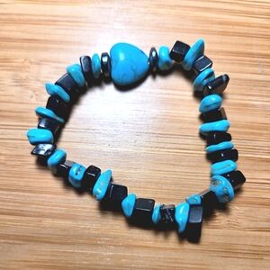 Turquoise Blue and Black Beaded Bracelet with Natural Stone Accents